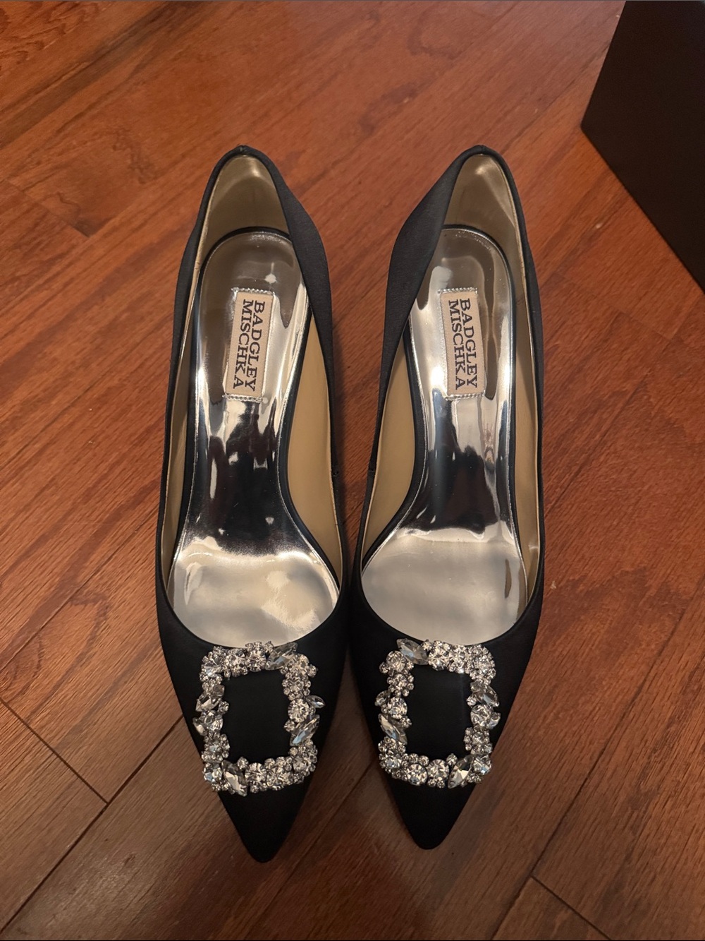 Badgley Mischka Black Satin Pointed-Toe Pumps with Crystal Buckles